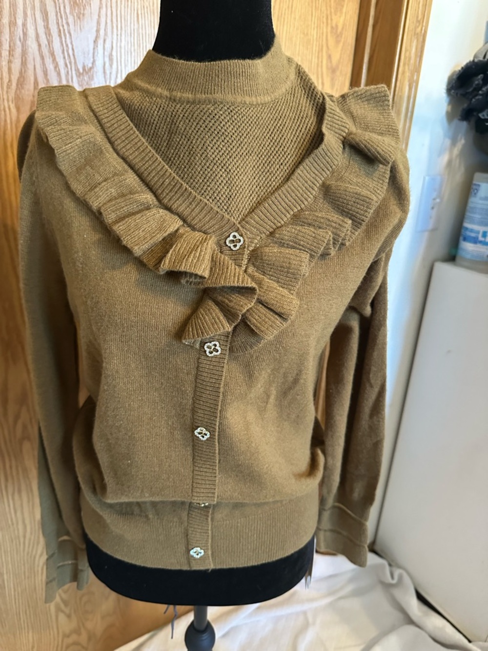 Ruffle-Trim V-Neck Cardigan Sweater in Camel